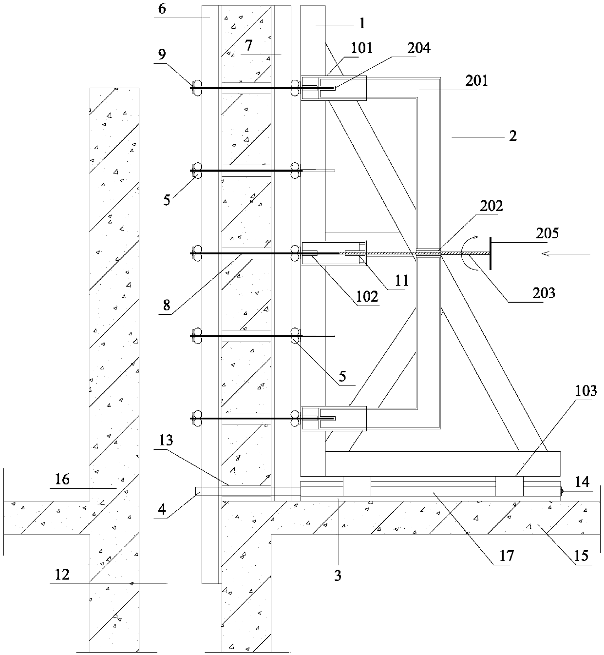 Deformation joint post-section shear wall sliding-pushing type installation and disassembling template erection system and construction method