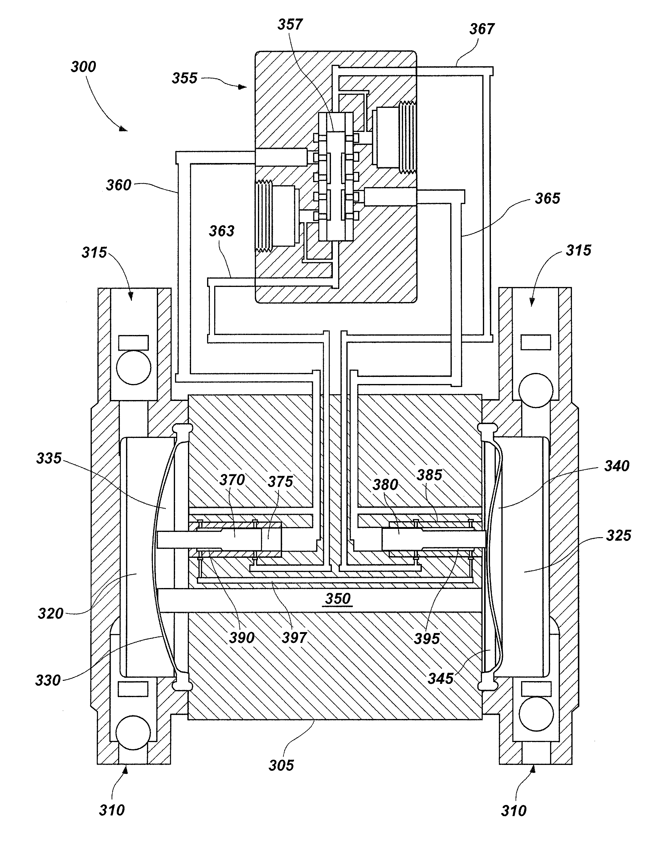 Piston systems having a flow path between piston chambers, pumps including a flow path between piston chambers, and methods of driving pumps