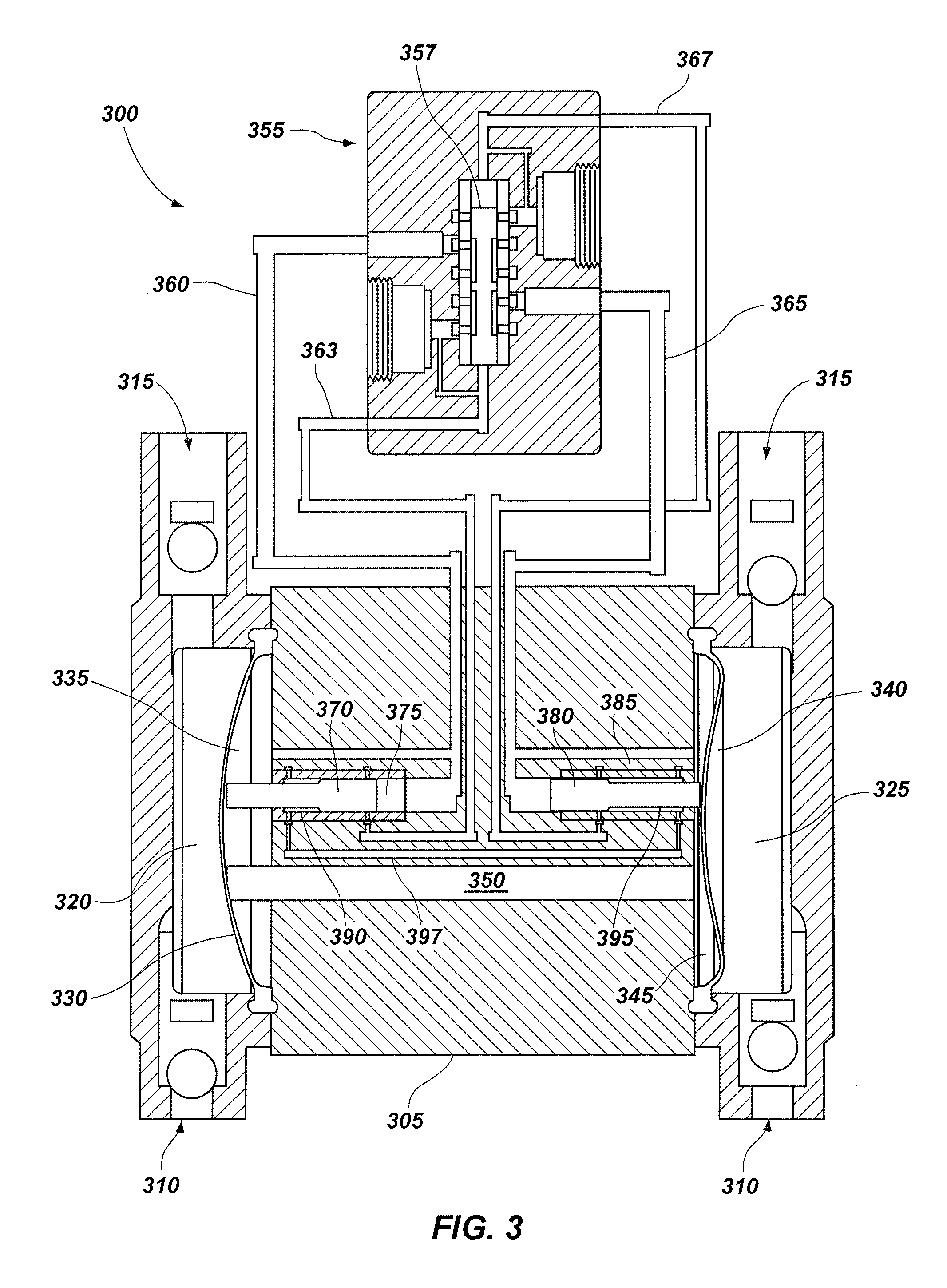 Piston systems having a flow path between piston chambers, pumps including a flow path between piston chambers, and methods of driving pumps