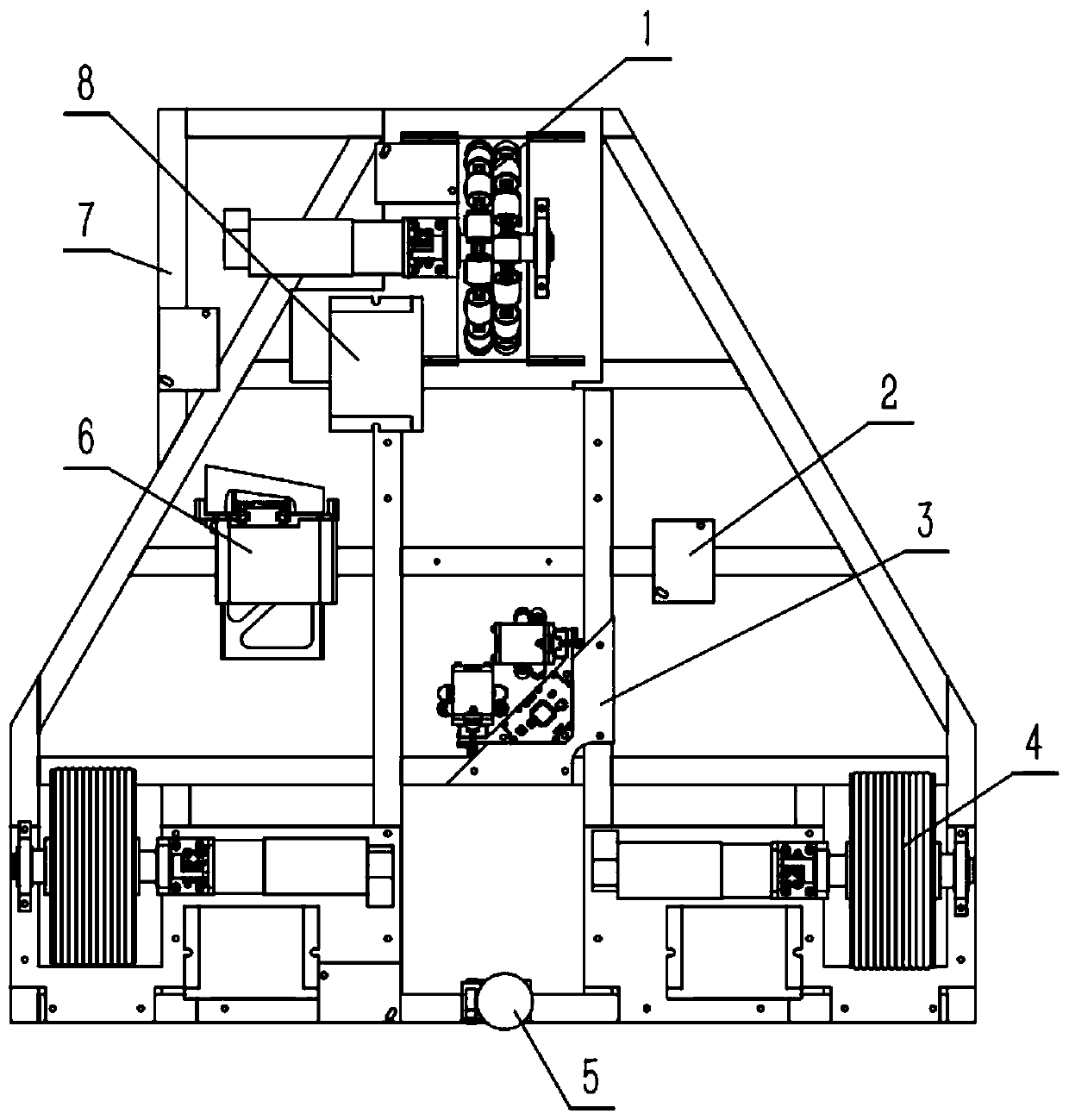 Omnidirectional wheel and rubber wheel composite type three-wheel robot chassis
