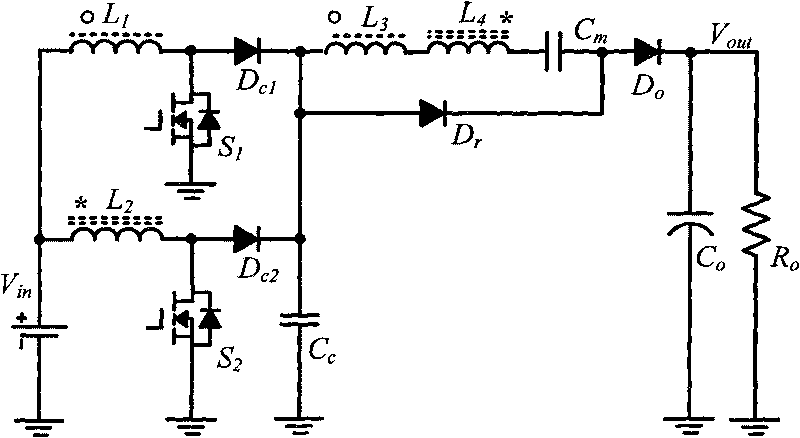 Boost type converter for realizing high-gain voltage multiplication by coupling inductors