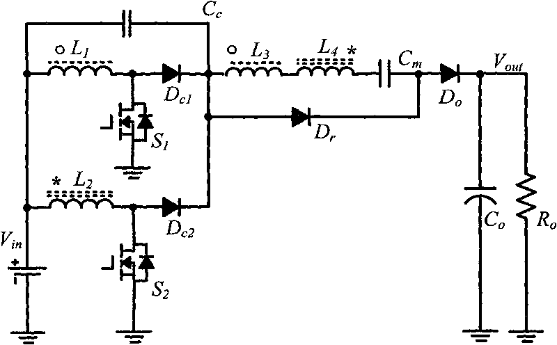 Boost type converter for realizing high-gain voltage multiplication by coupling inductors