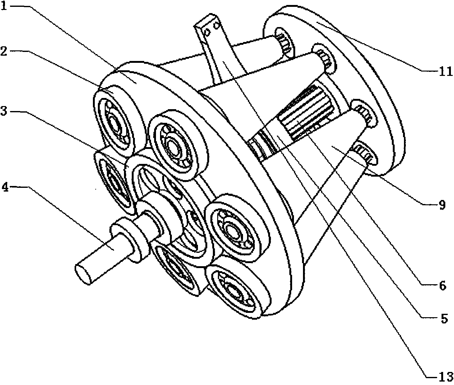 Stepless speed change device of circularly arranged cone pulleys