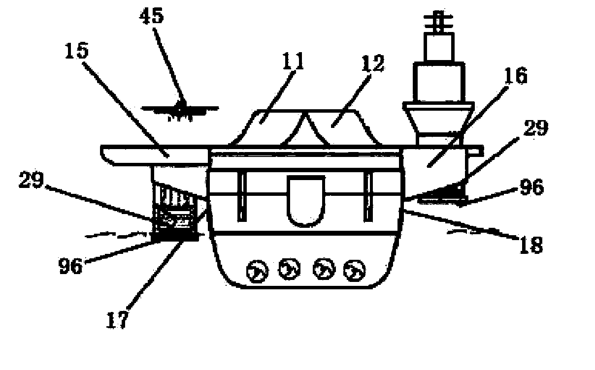 Aircraft carrier, warship, submarine and offshore platform each with correcting device with high efficiency, load removal, swing stoppage and turnover resistance