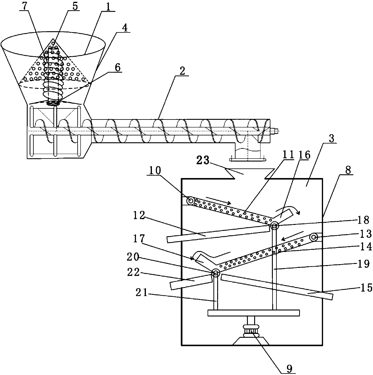 Granulated feed drying and sorting integrated device