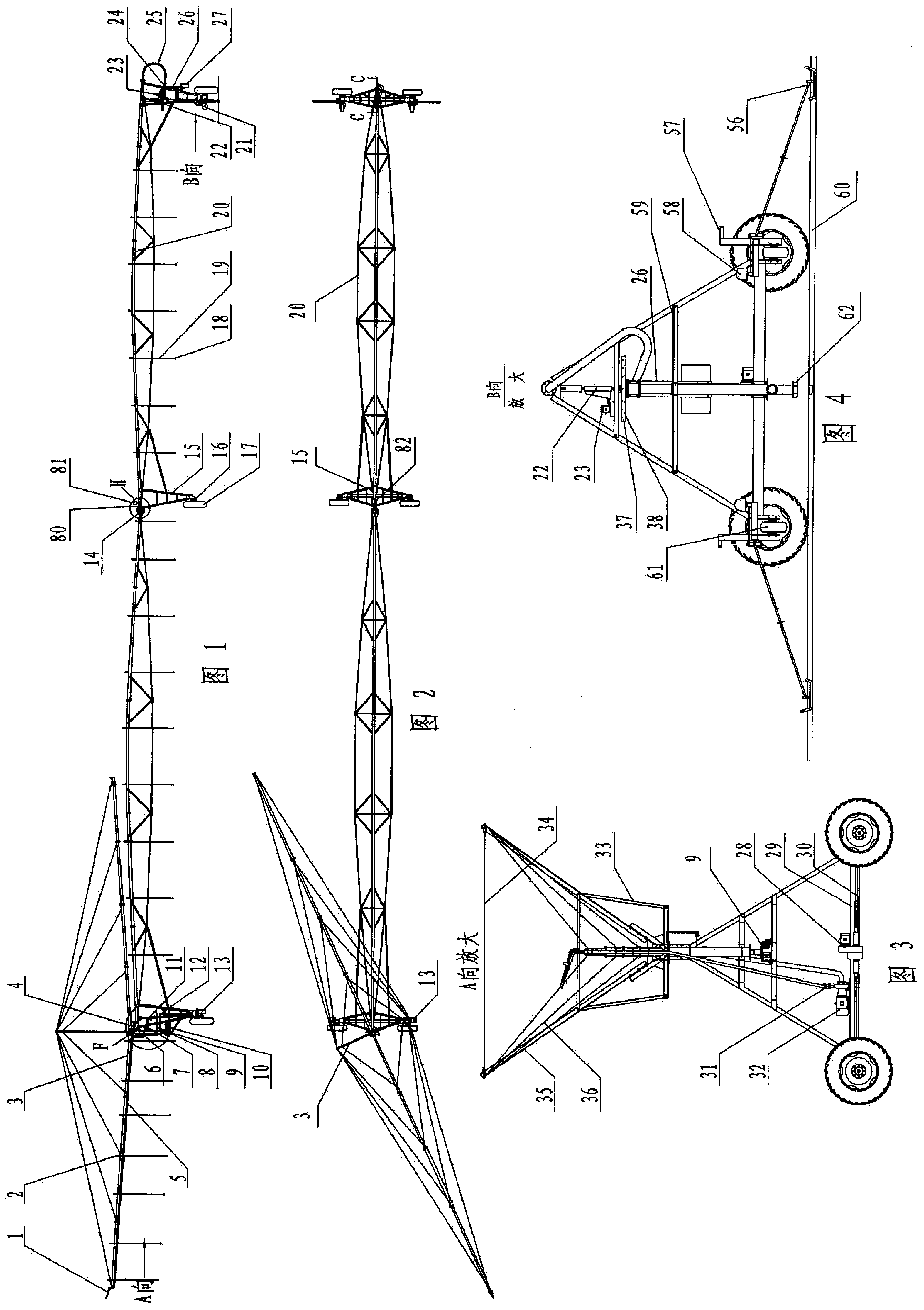 Electric translation multi-functional jet-irrigating machine with circular rotation cantilever