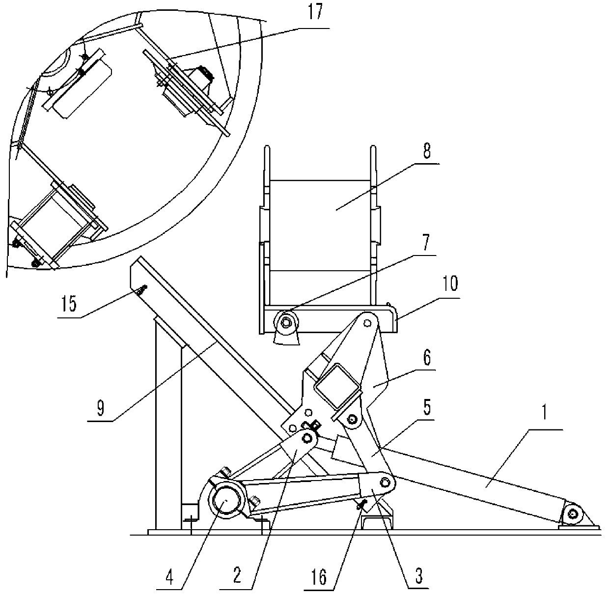 Lateral-bottom-fed coil loading machine with hydraulic rocker-slider mechanism