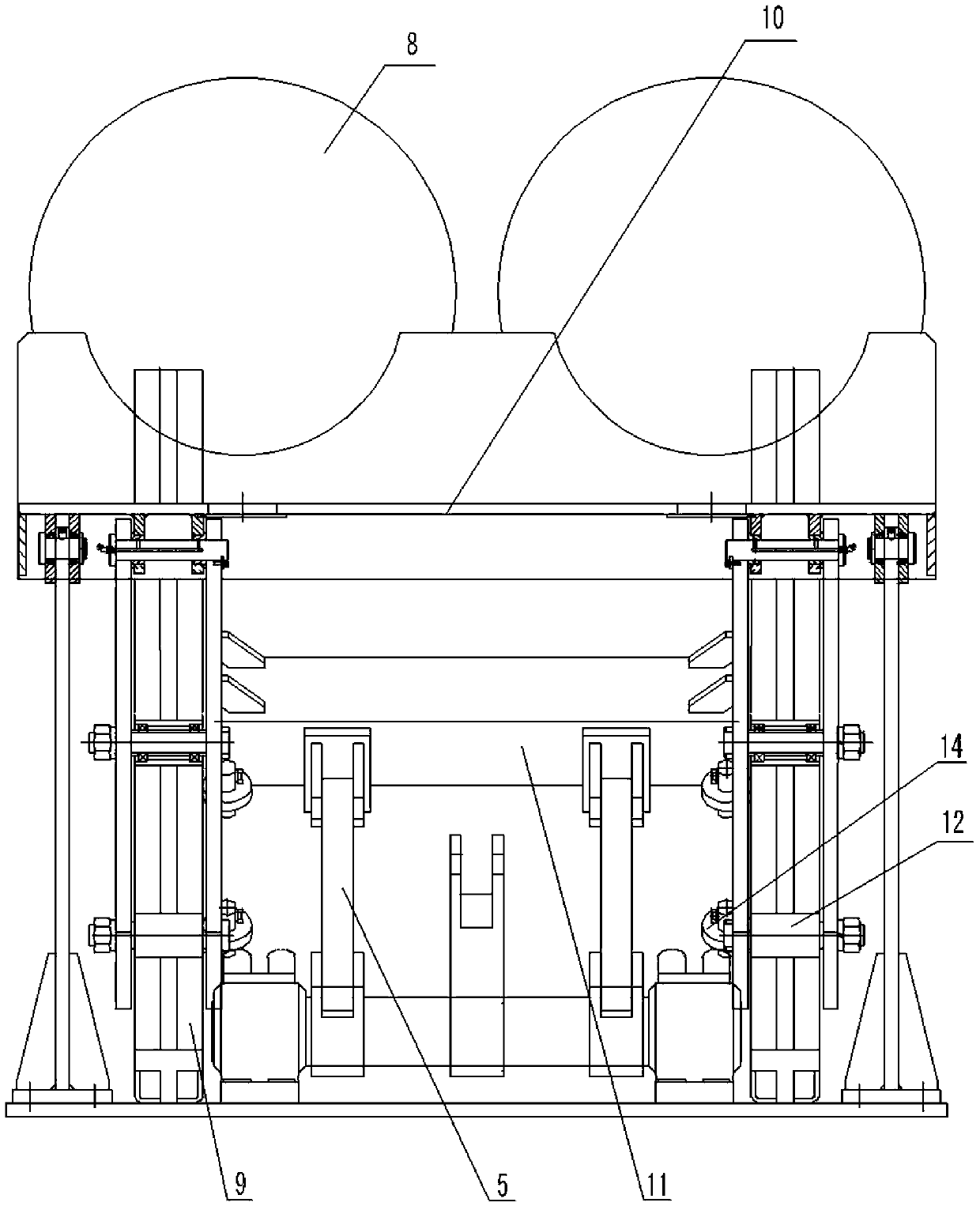 Lateral-bottom-fed coil loading machine with hydraulic rocker-slider mechanism