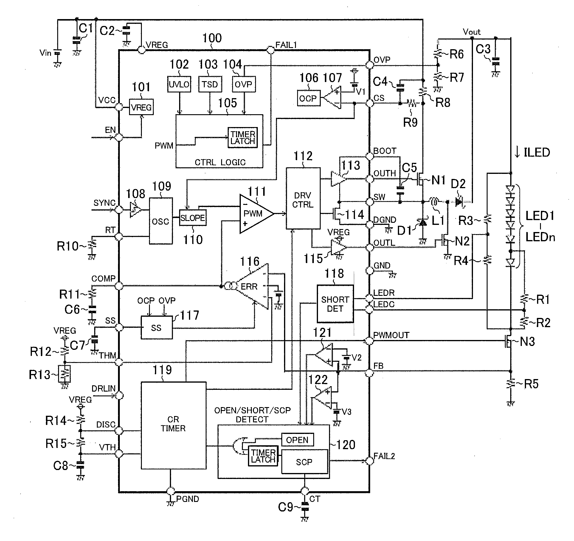 LED short-circuit detection circuit, LED drive device, LED lighting device, and vehicle