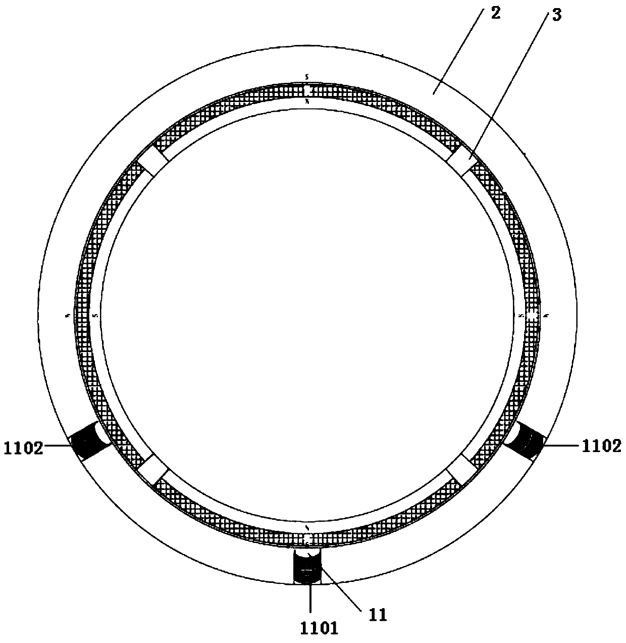 A magnetic bearing device applied to a shaftless propeller of a ship