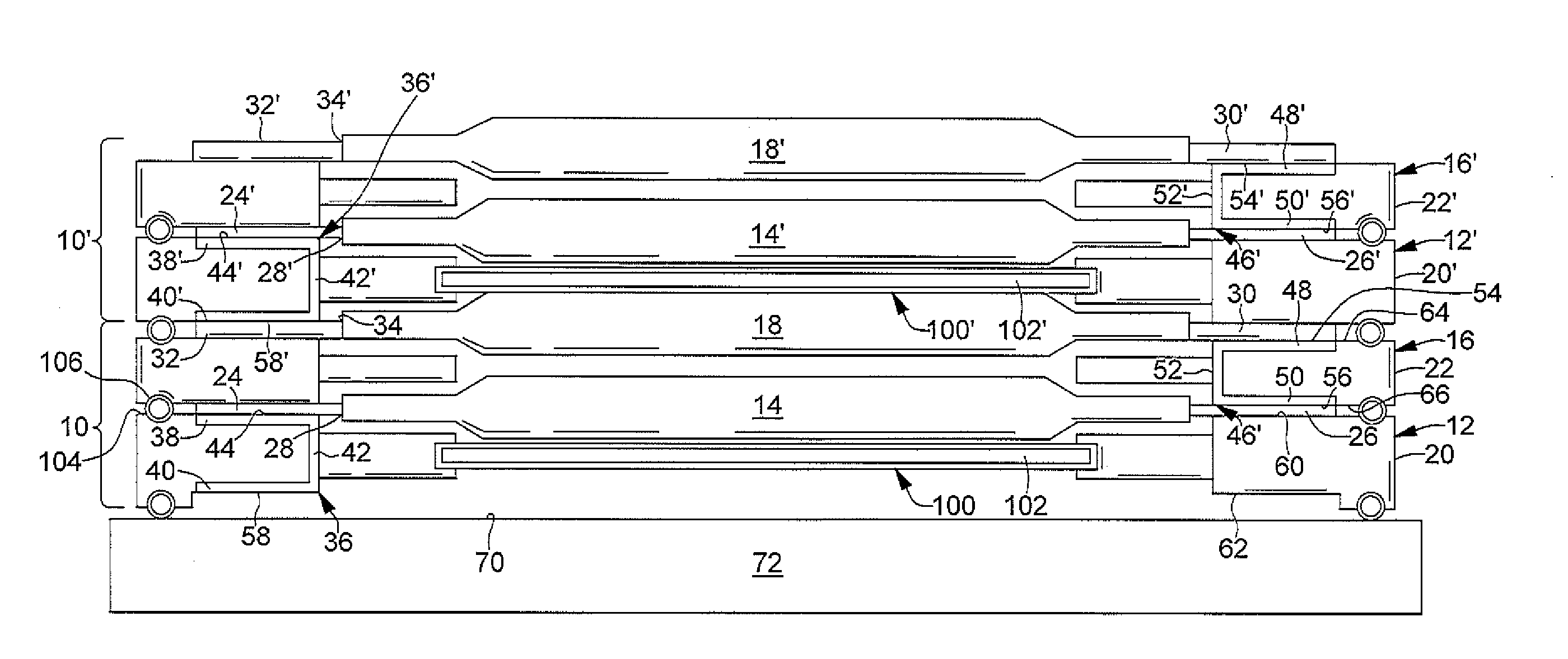 Repeating frame battery with compression joining of cell tabs to welded connection terminals