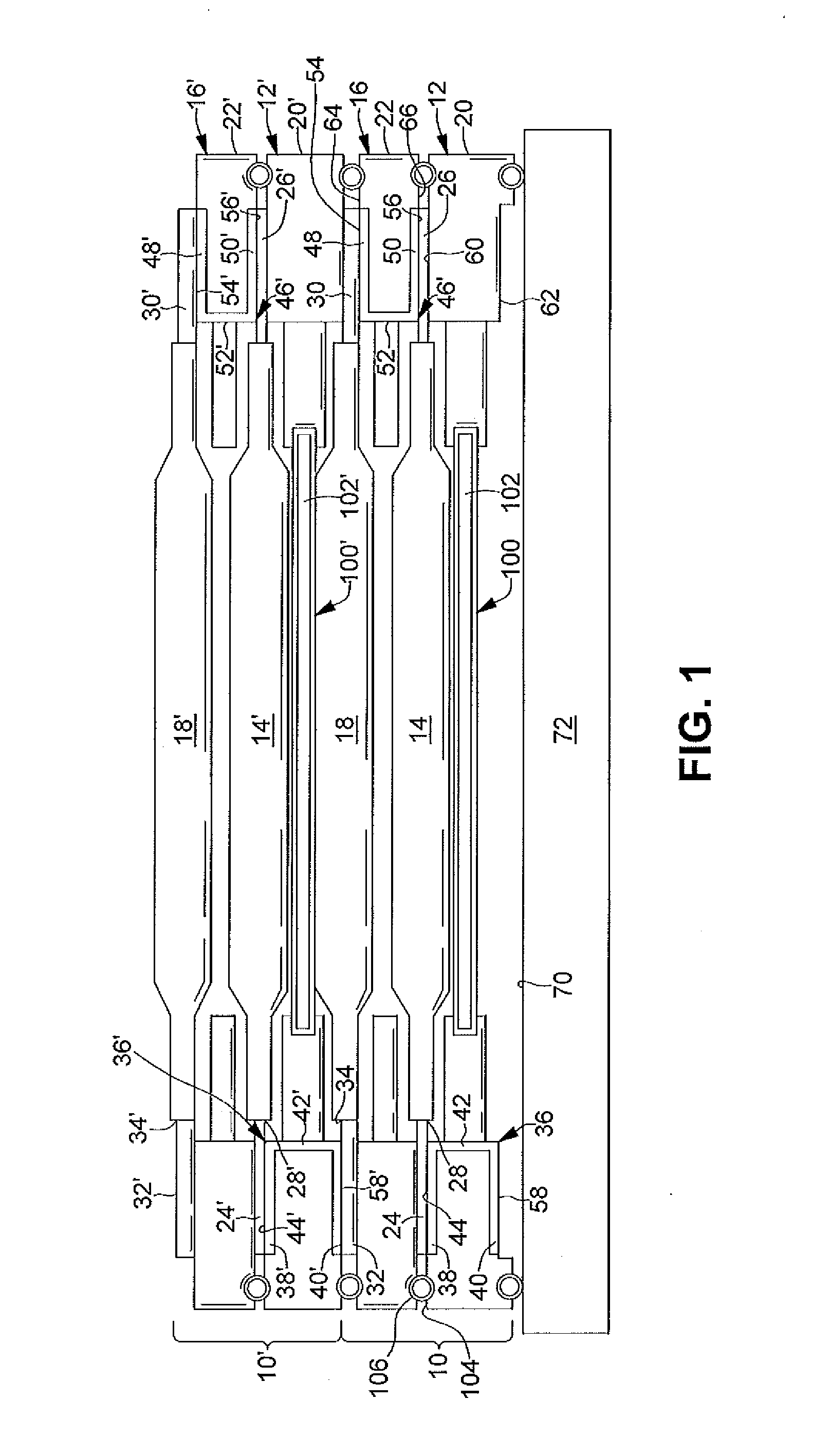 Repeating frame battery with compression joining of cell tabs to welded connection terminals