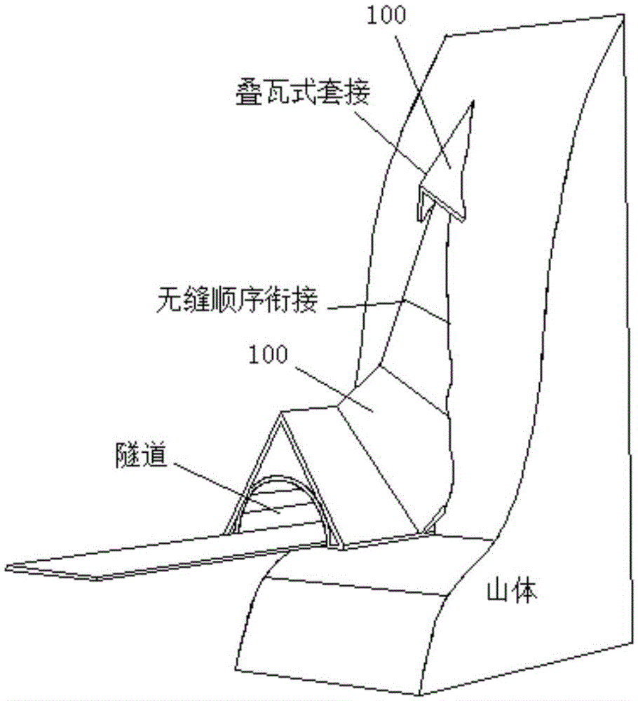 Tunnel portal flexible nose-shaped rolling stone discharging and guiding shed tunnel structure and designing method thereof
