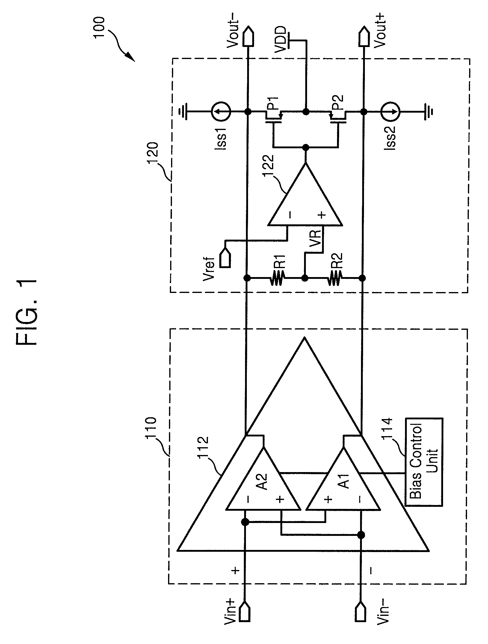 Fully differential class AB amplifier and amplifying method using single-ended, two-stage amplifier