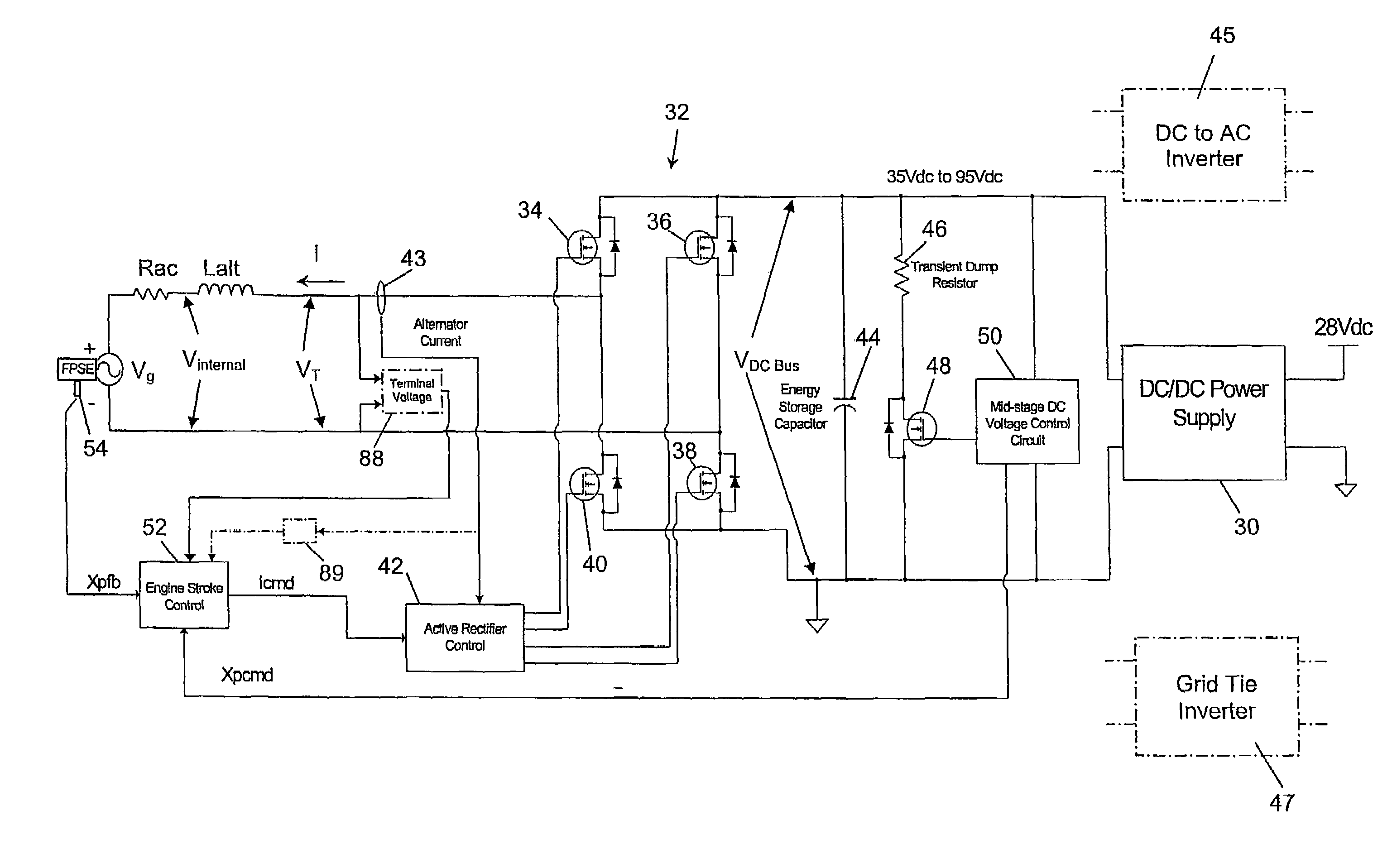 Electronic controller matching engine power to alternator power and maintaining engine frequency for a free-piston stirling engine driving a linear alternator