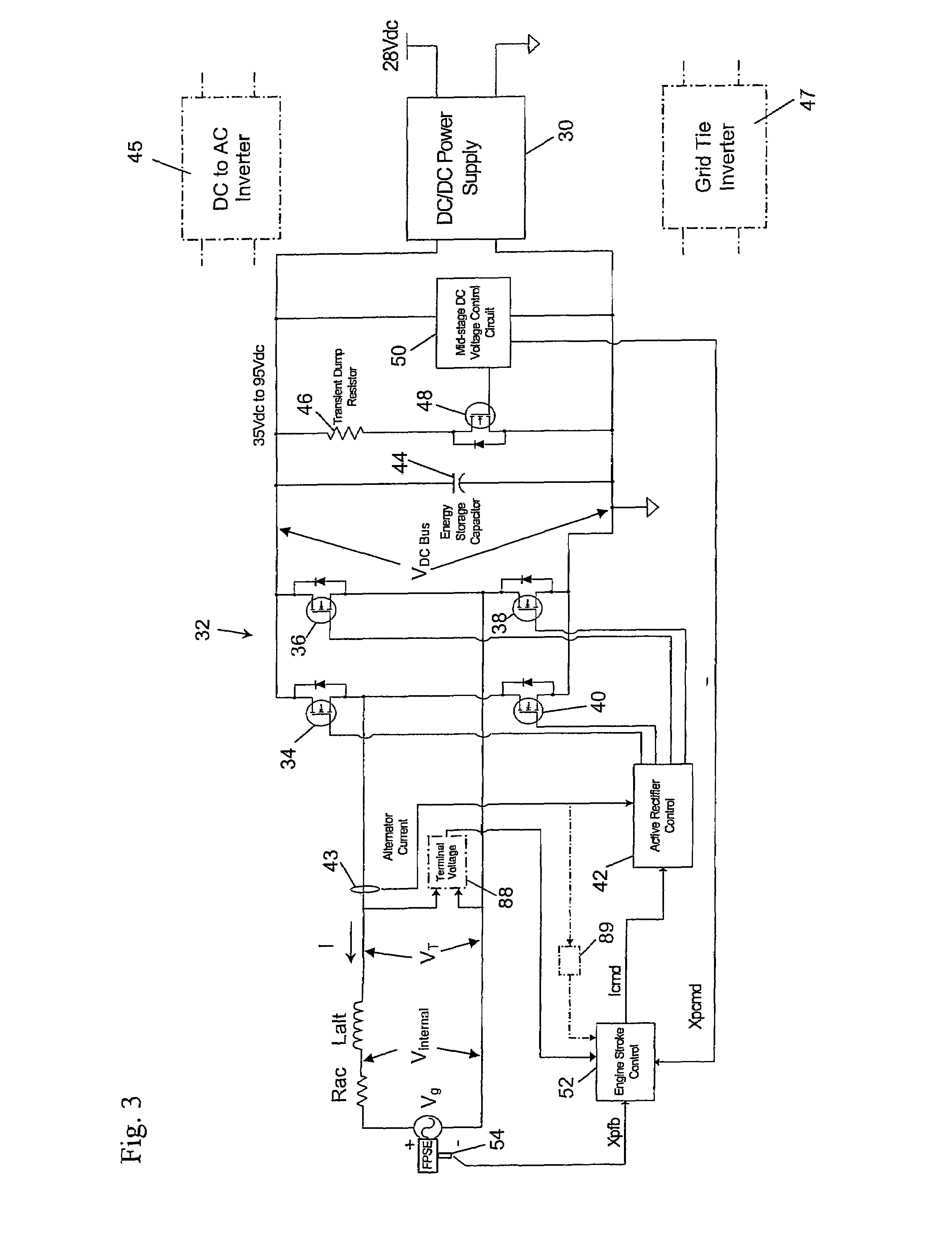 Electronic controller matching engine power to alternator power and maintaining engine frequency for a free-piston stirling engine driving a linear alternator