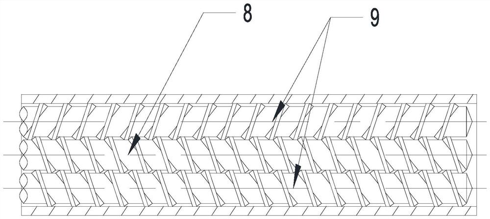 Bidirectional synergistic three-screw reinforced plasticizing mixing extrusion method and equipment