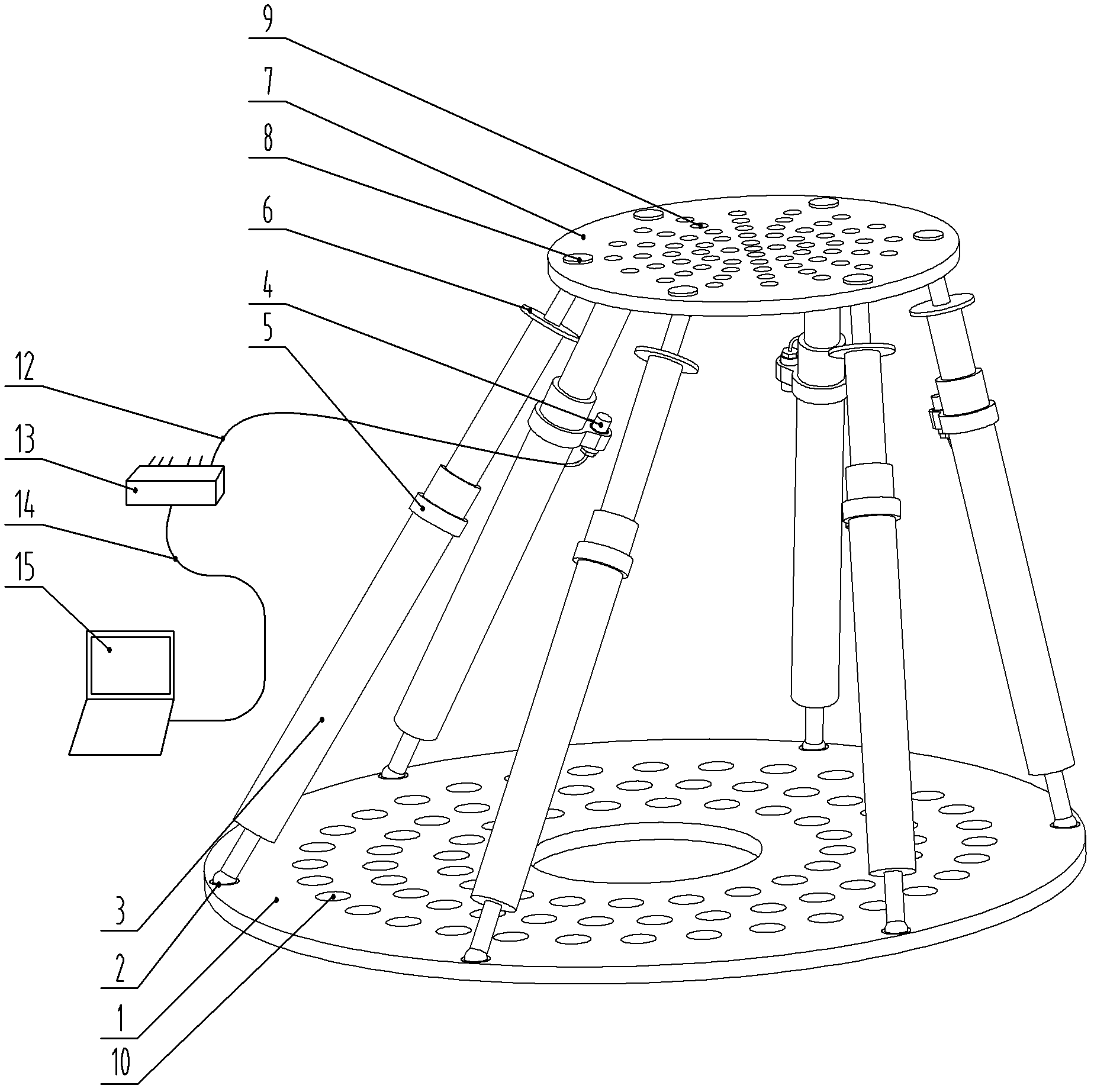 Telescopic parallel pull rod type device used for measuring spatial six-degree-of-freedom motion