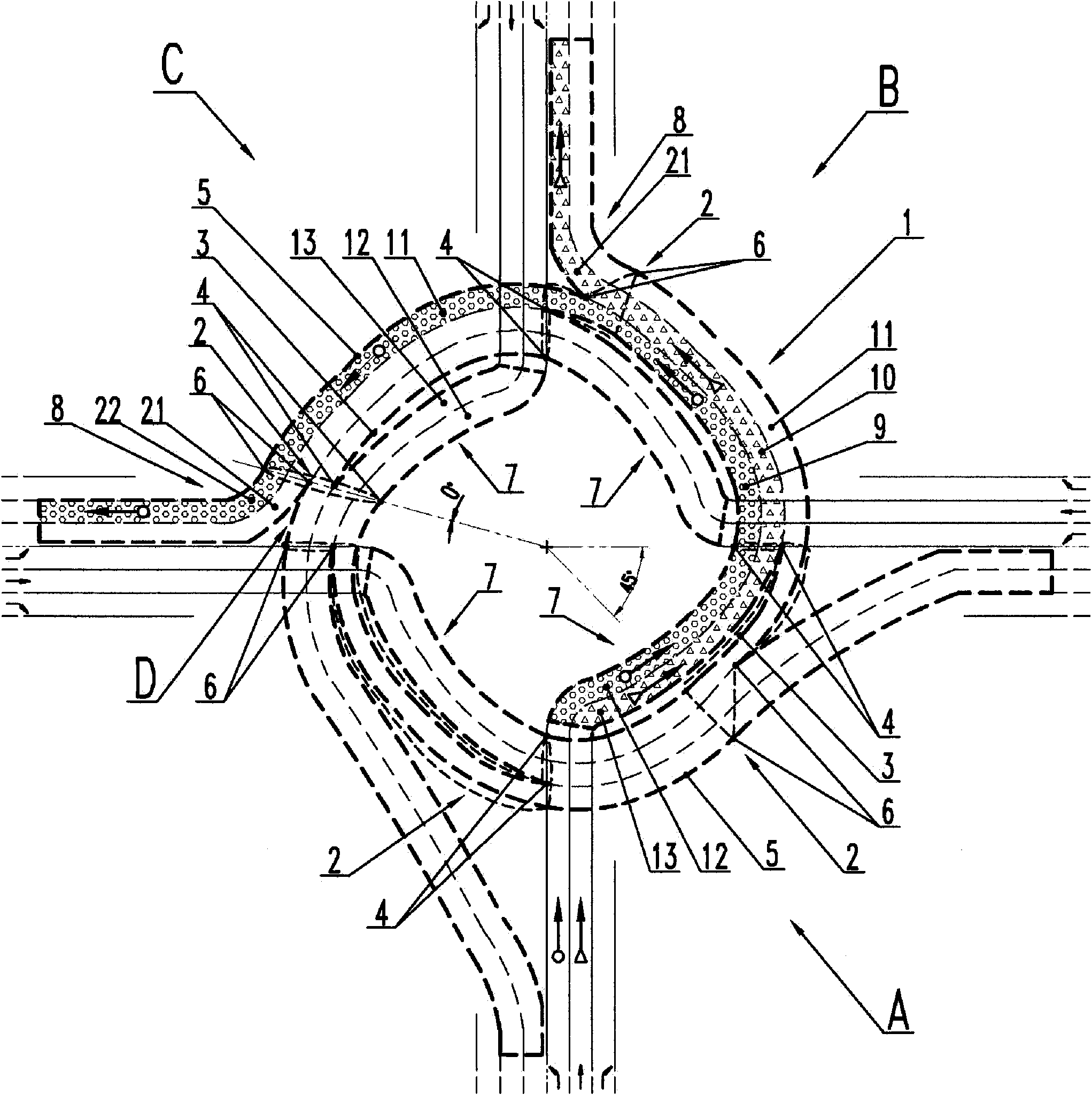 Single-layer ring-shaped tunnel for direct movement and big turning at crossroad