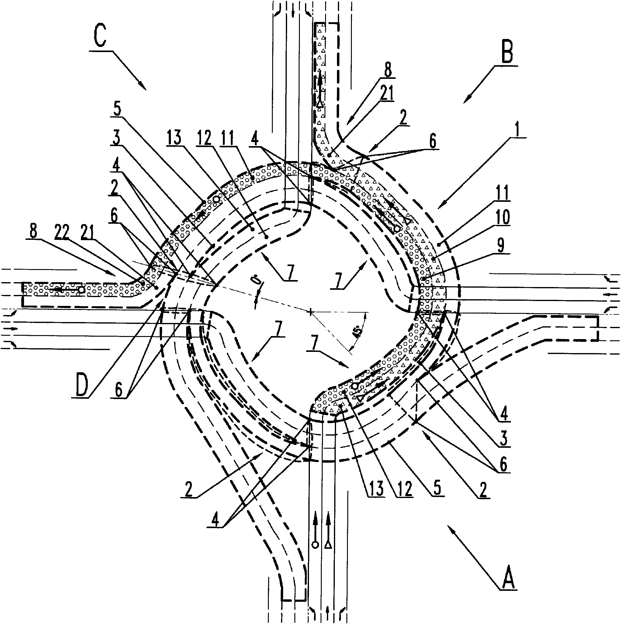 Single-layer ring-shaped tunnel for direct movement and big turning at crossroad