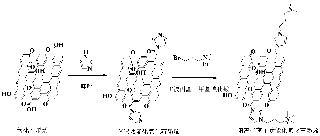 Surface cation functionalized graphene oxide material as well as preparation and application thereof