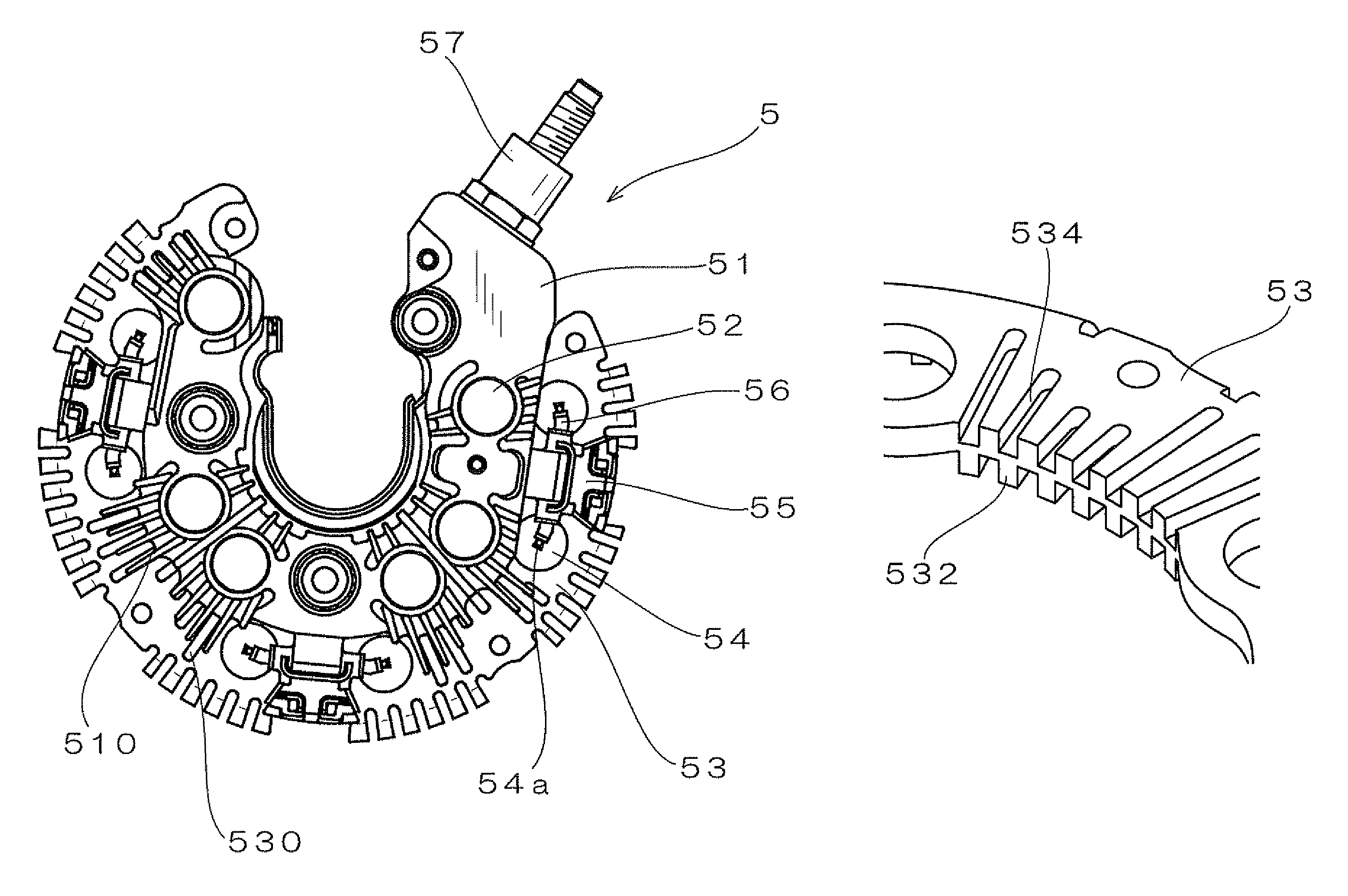 Alternator for vehicle with heat dissipating fin