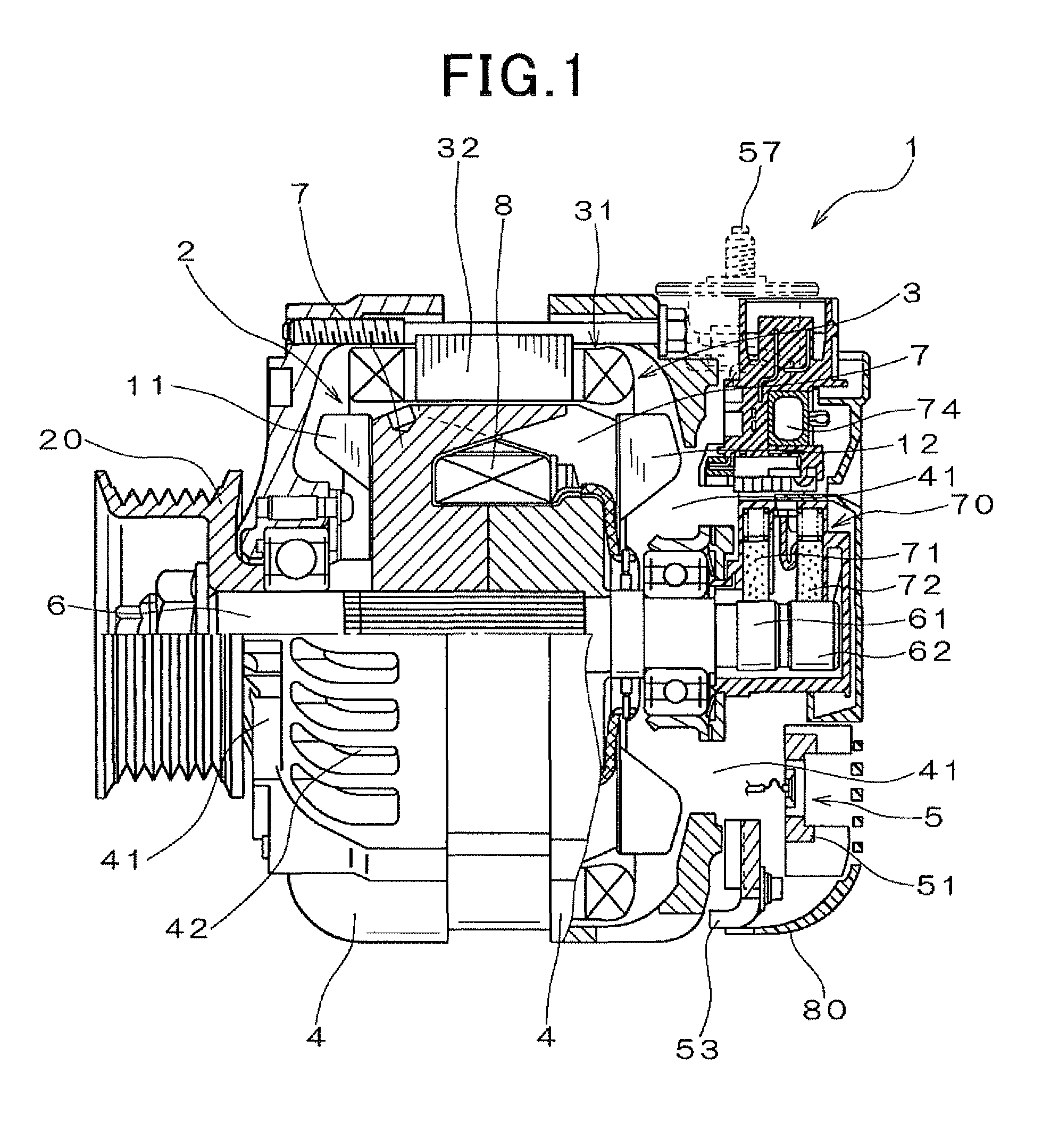 Alternator for vehicle with heat dissipating fin