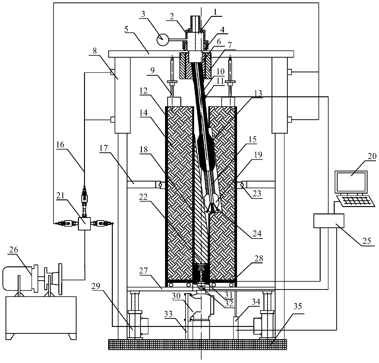 Comprehensive experimental device for drilling through casing and rock with particle jet and drill bit