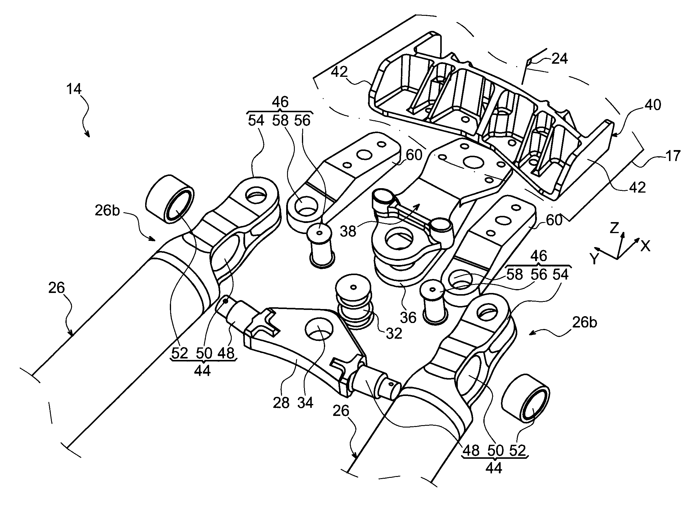 Mounting device for an aircraft engine comprising two thrust recovery rods with a double rear mechanical connection