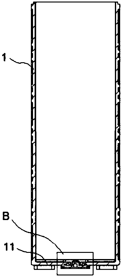 Battery container with hole in bottom part and sealing method of battery container