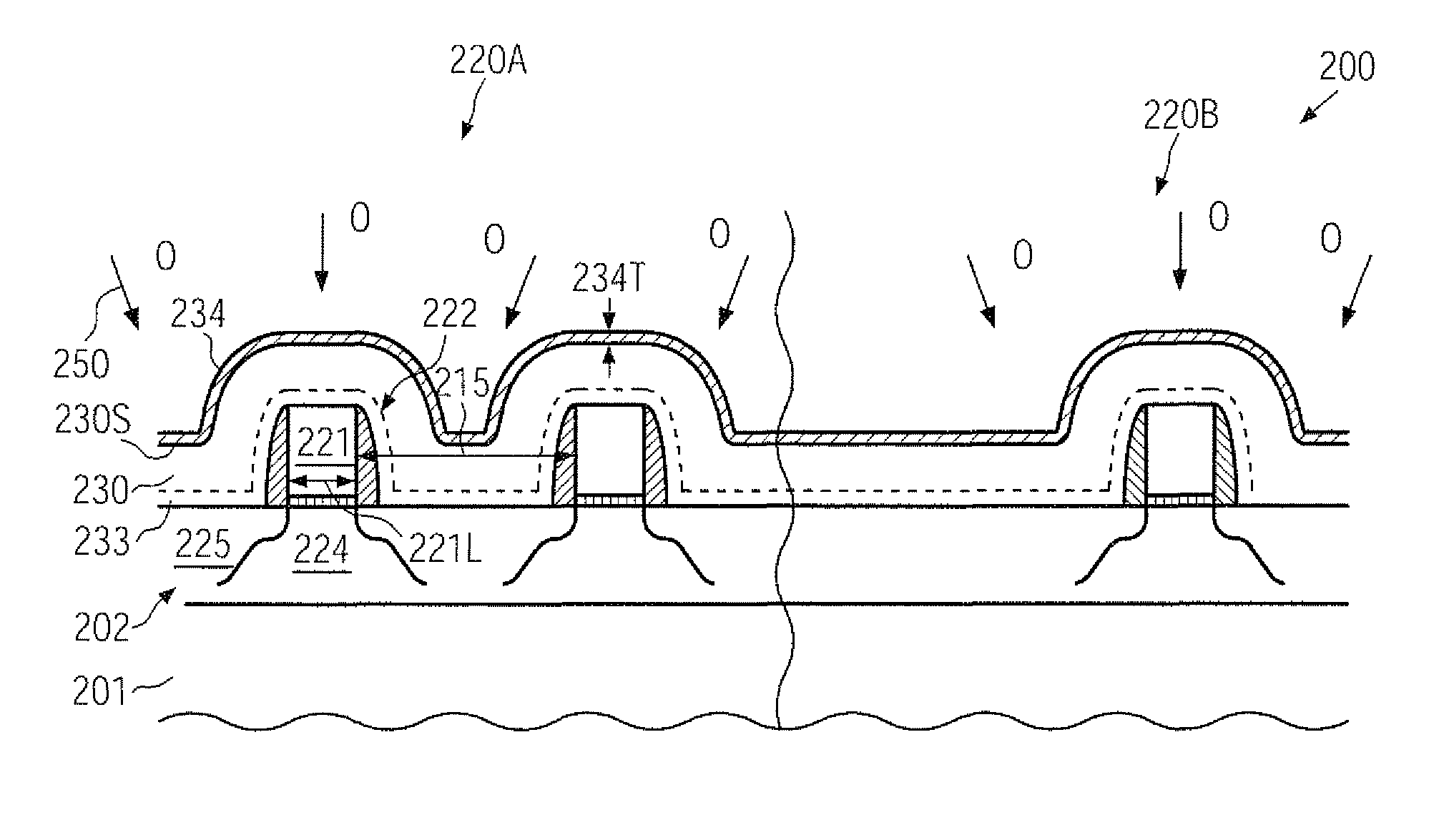 Etch stop layer of reduced thickness for patterning a dielectric material in a contact level of closely spaced transistors