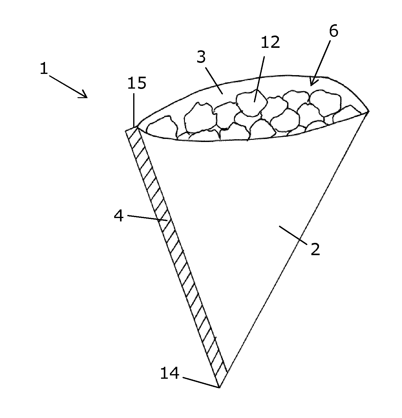 Flexible sachet having a triangular shape