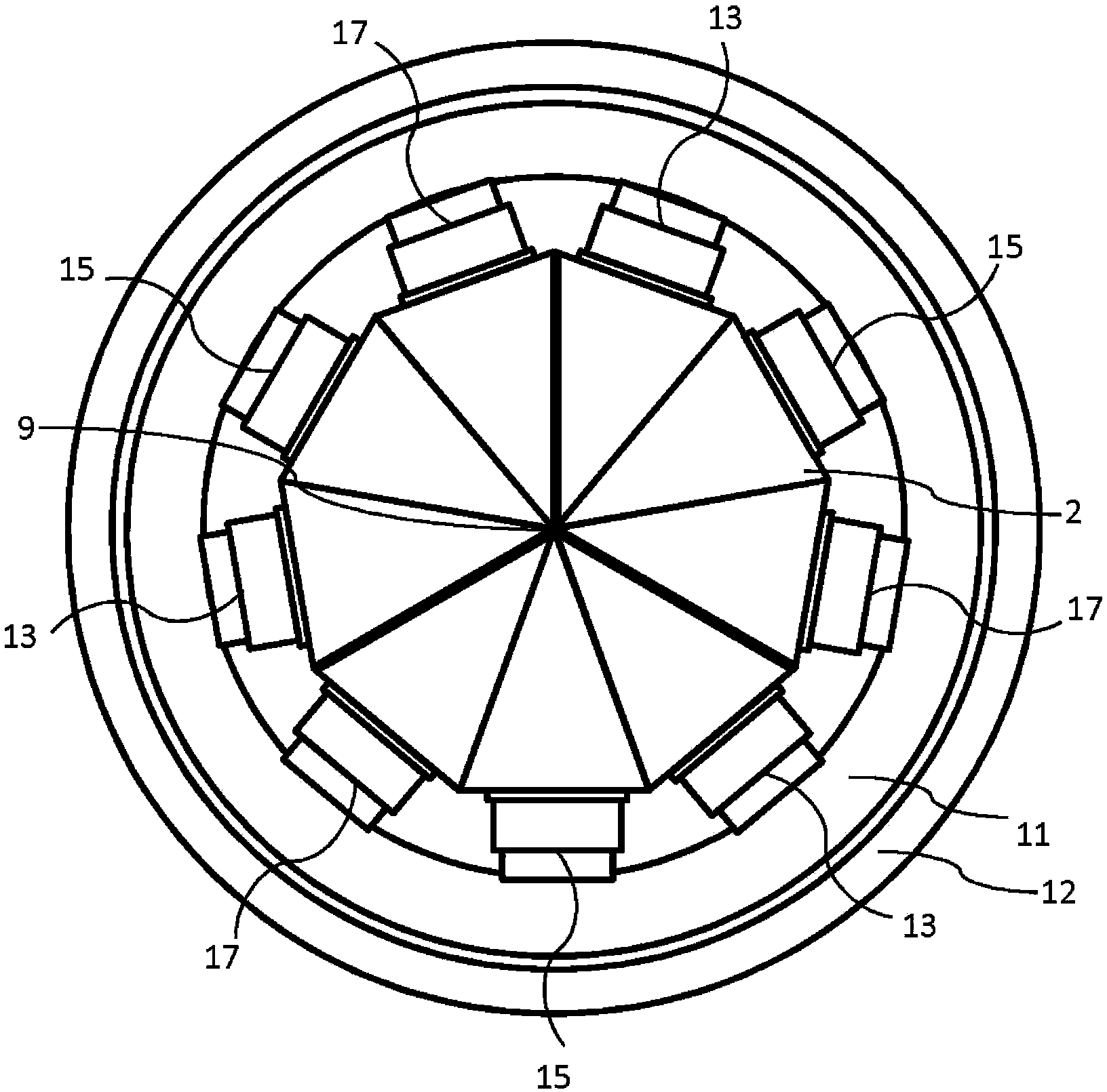 Modular motor inverter arrangement with cooling sections forming inner duct ring capacitor on the outside