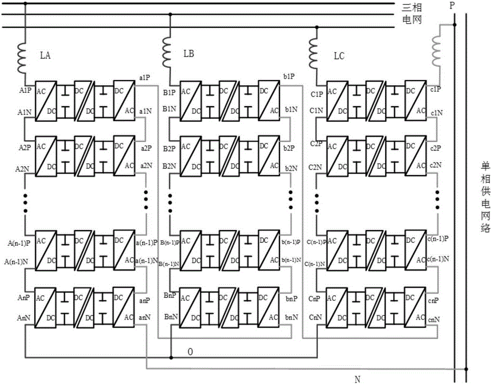 Power frequency transformer-free three phase-single-phase voltage transformation device