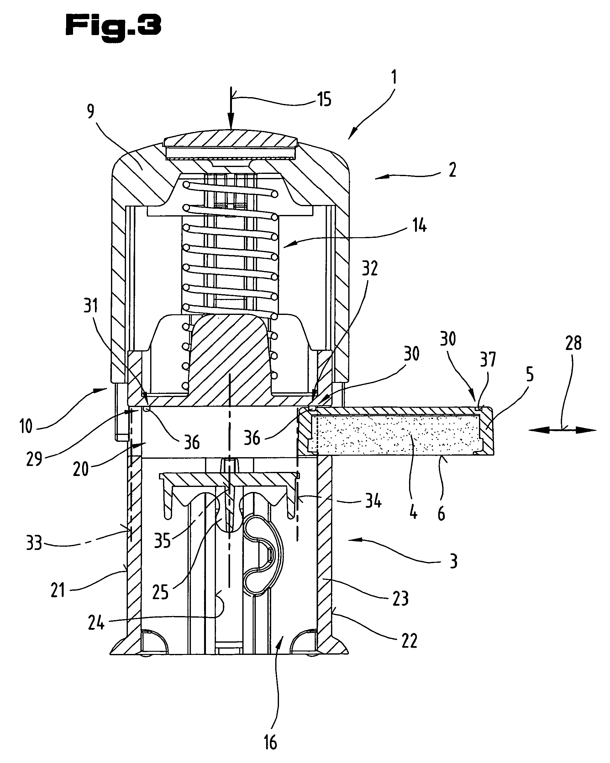 Stamp and device for receiving an inking pad