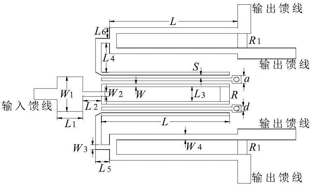 Four way filtering-type power divider based on three-line coupling structures