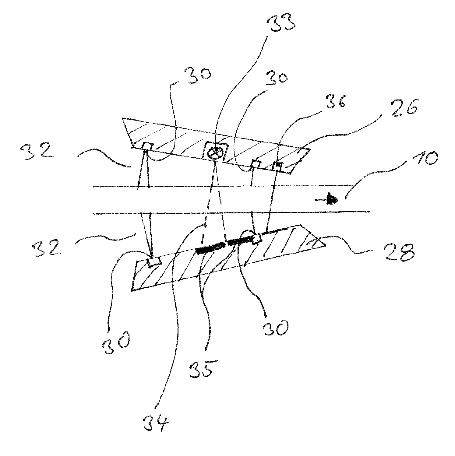 Method and device for contactless determination of the thickness of a web of material, including correction of the alignment error