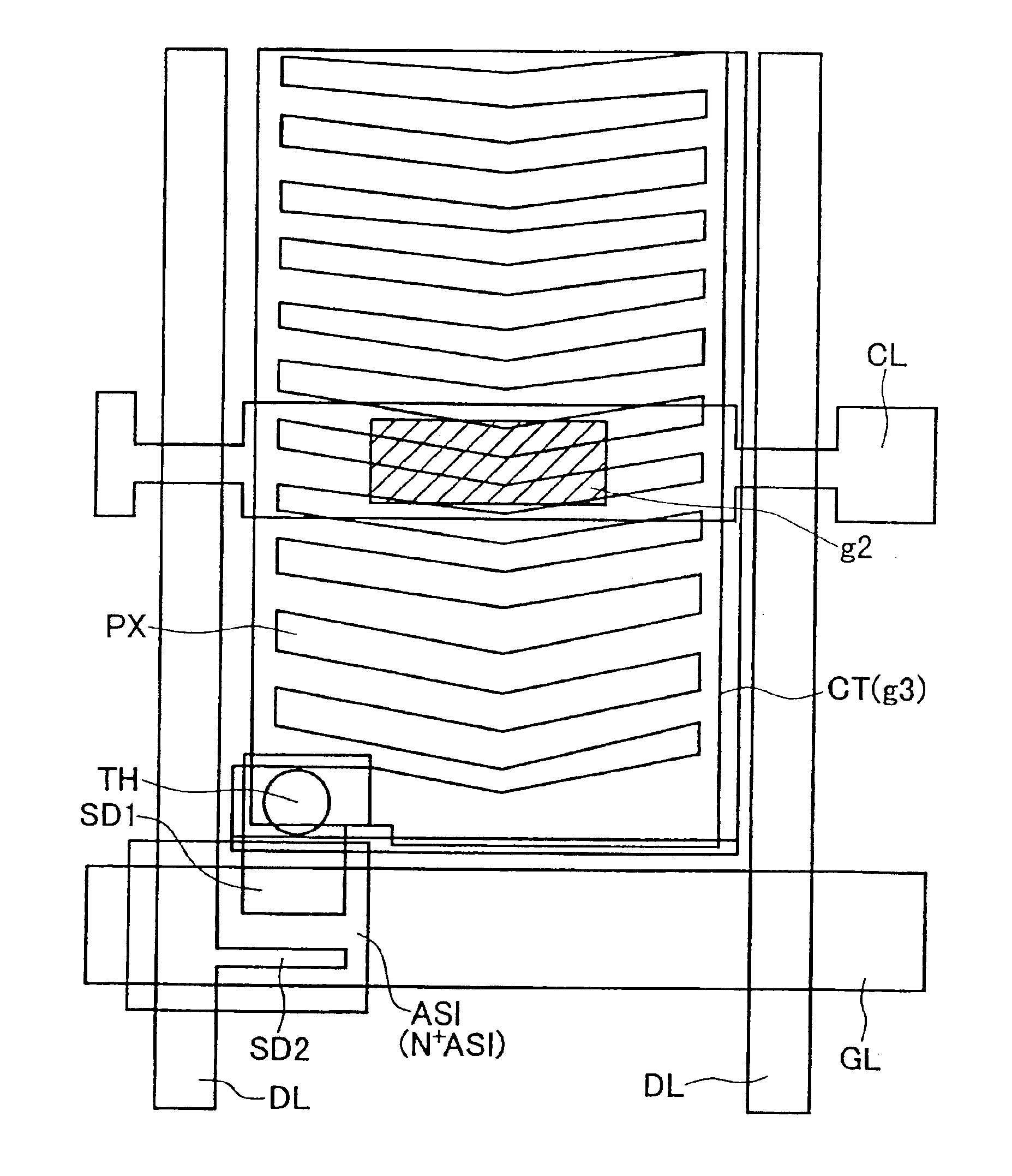 Liquid crystal display device with a counter voltage line intersecting the drain lines