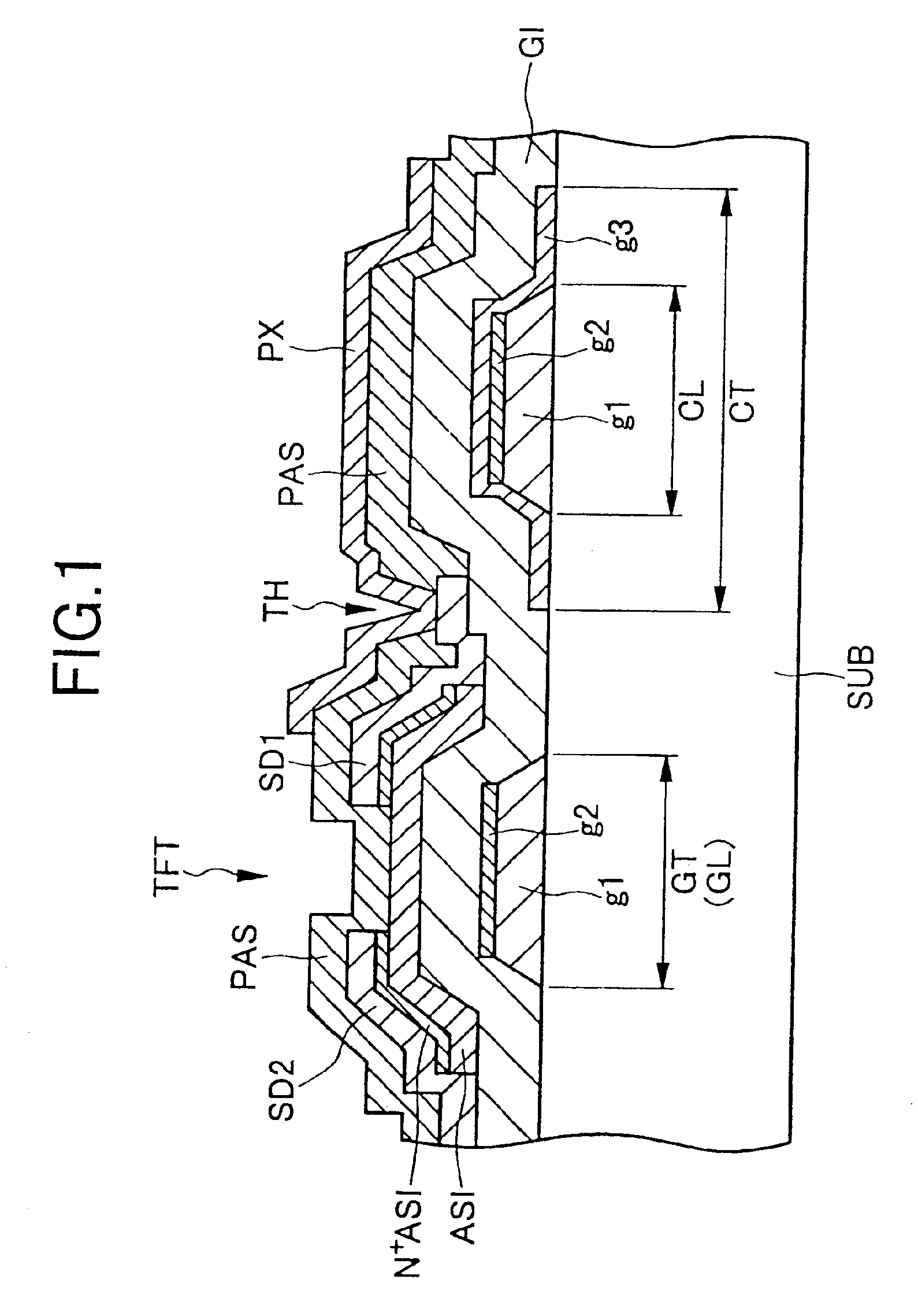 Liquid crystal display device with a counter voltage line intersecting the drain lines