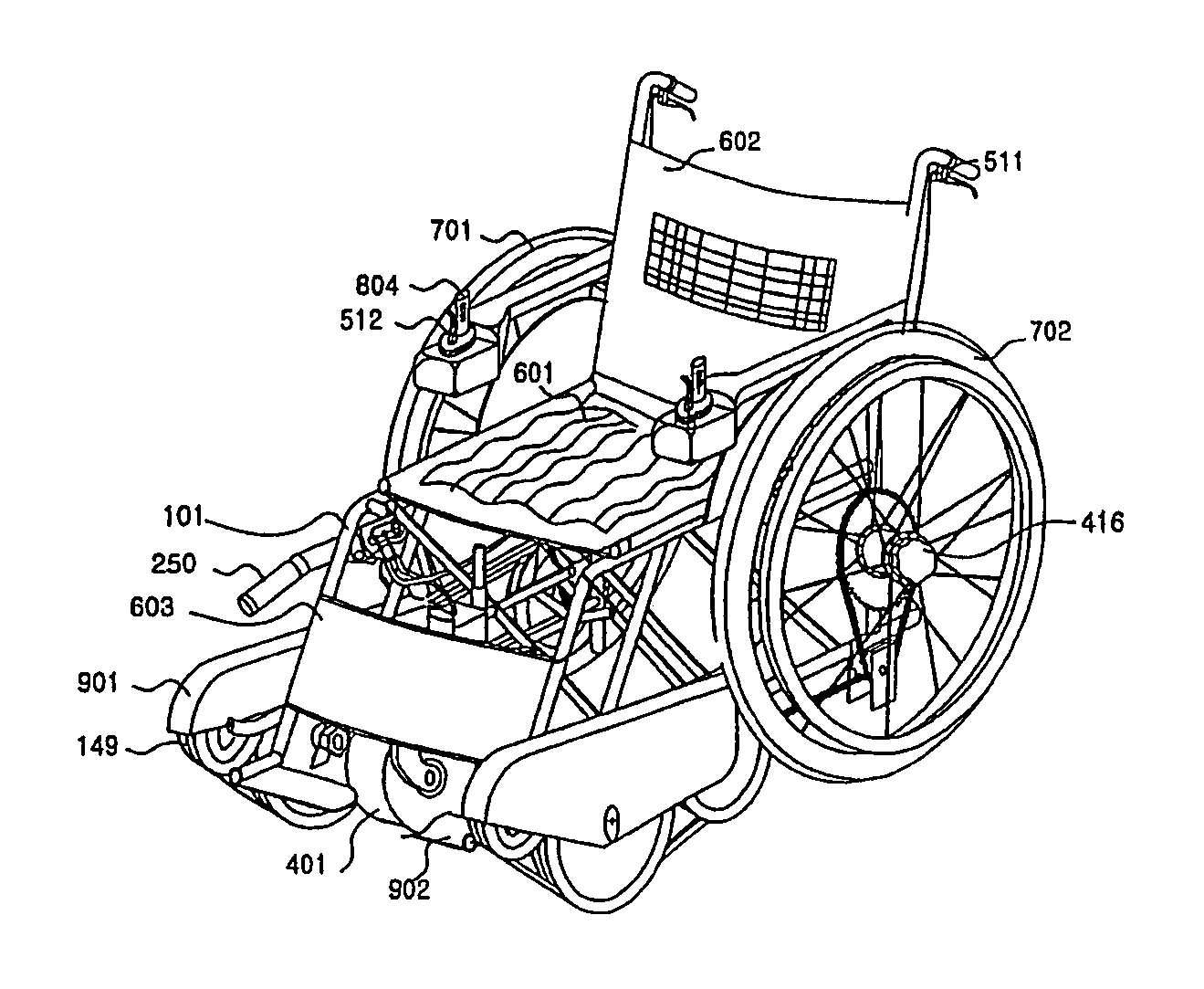 Wheelchair with forced driven front caterpillar wheels