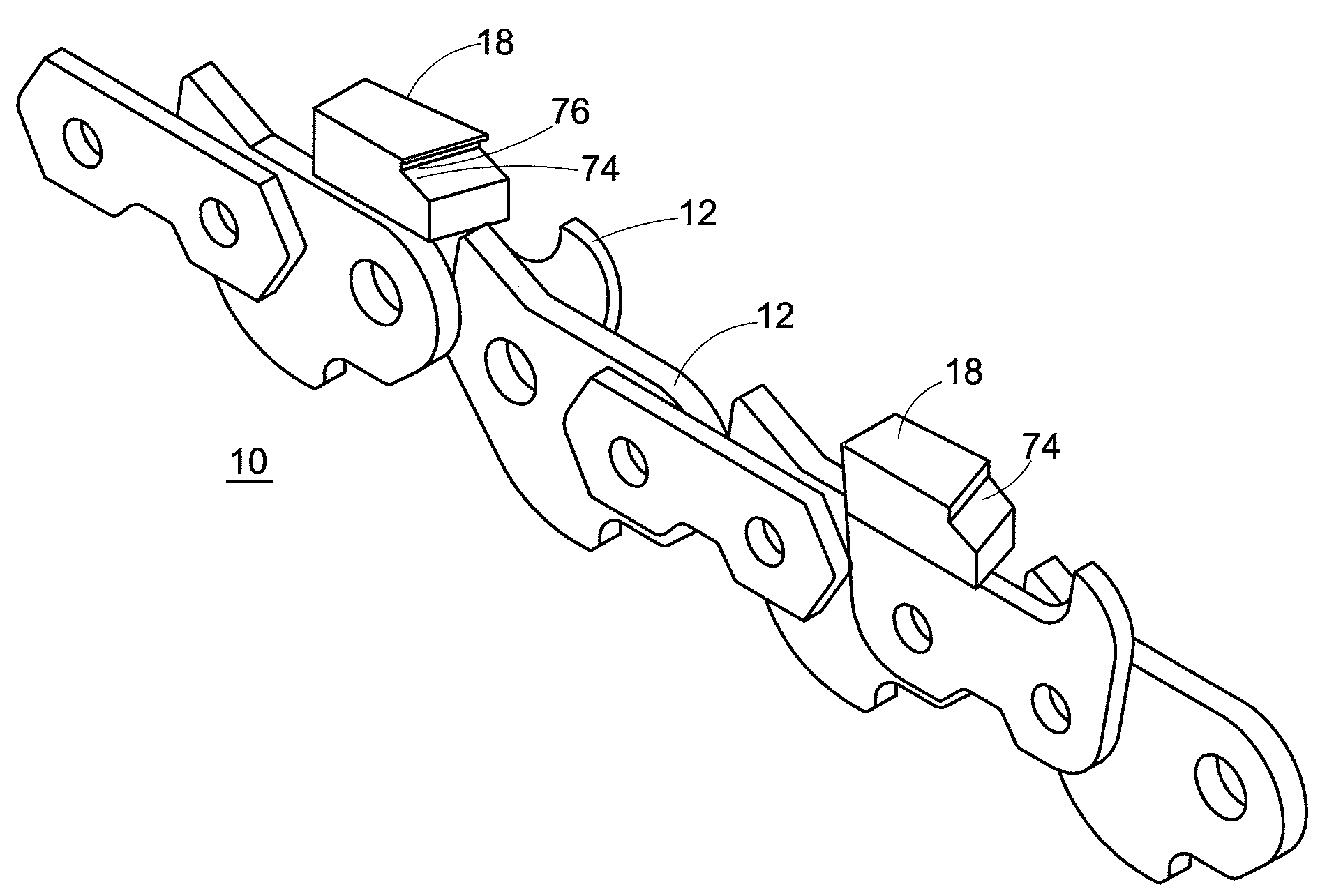 Wood cutting saw chain and replaceable cutting members