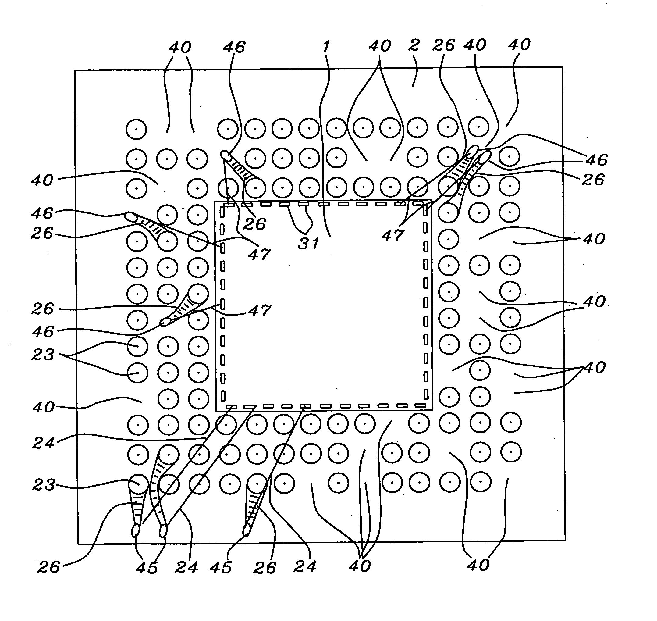 Partially populated ball grid design to accommodate landing pads close to the die