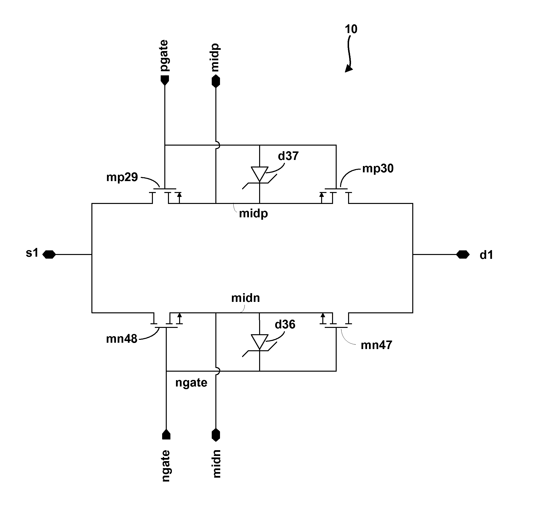 Bi-directional switch using series connected n-type mos devices in parallel with series connected p-type mos devices