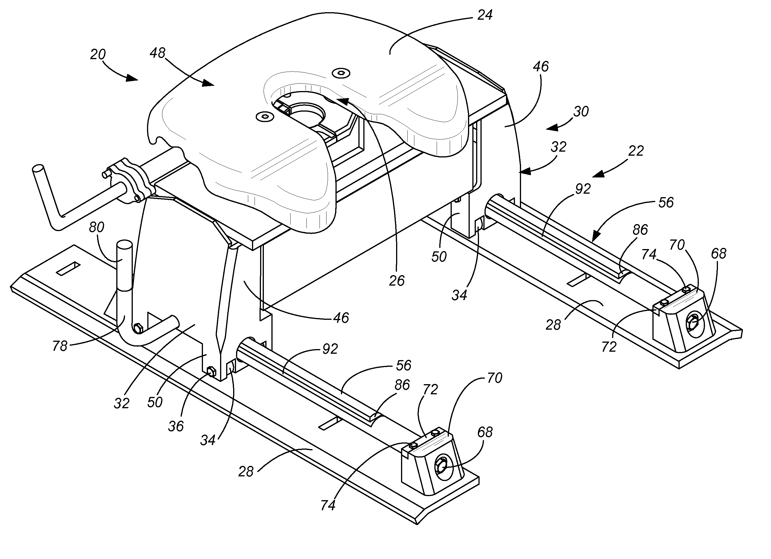 Moveable hitch with stress-free elevated bearing guide