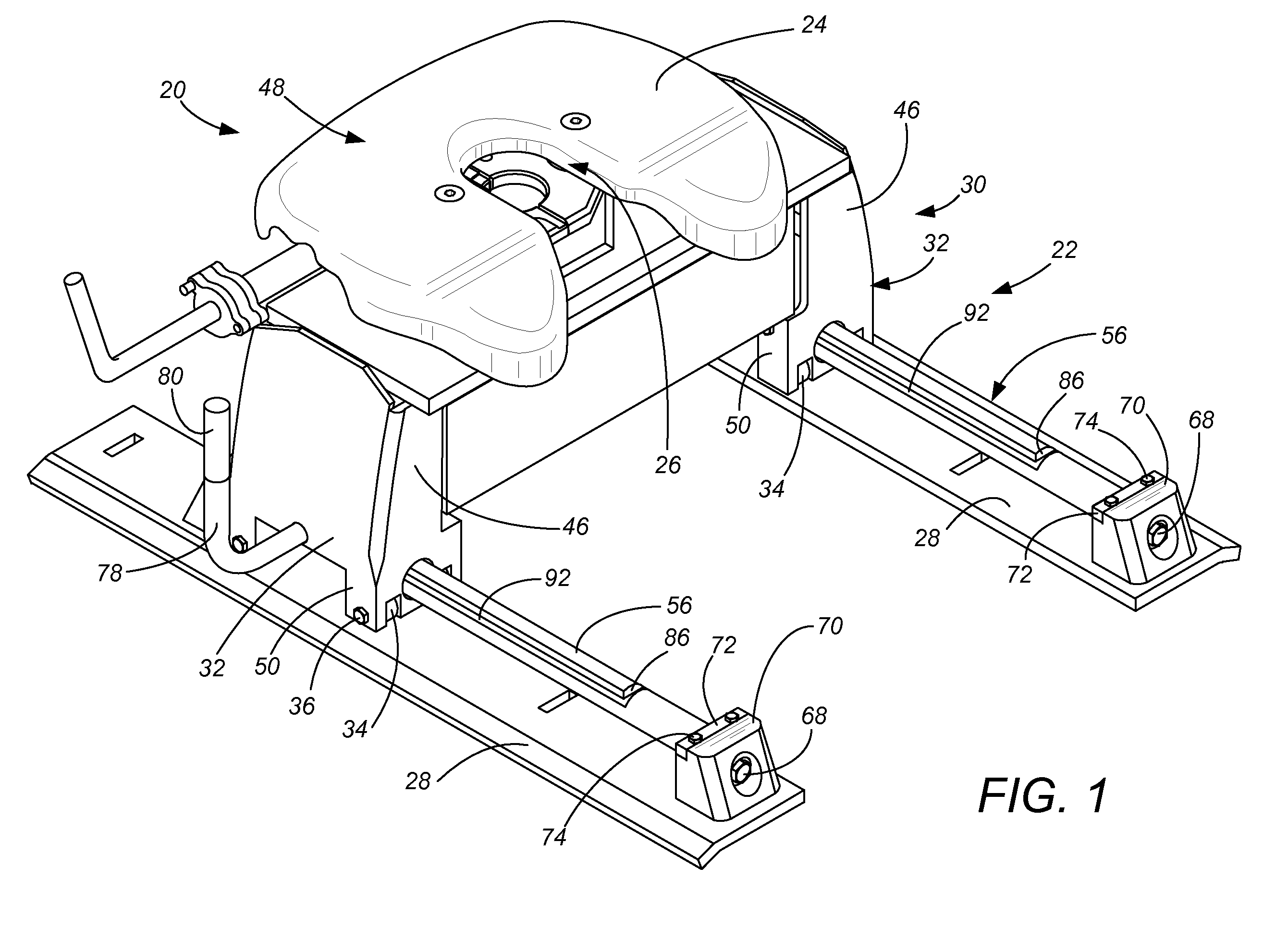 Moveable hitch with stress-free elevated bearing guide
