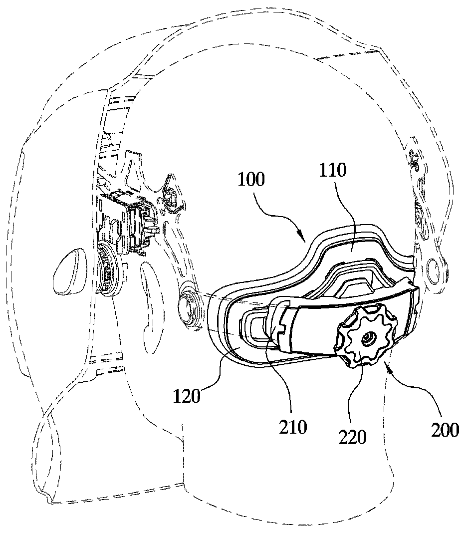 Ergonomically structured headband Triangular bumper at the rear of the head