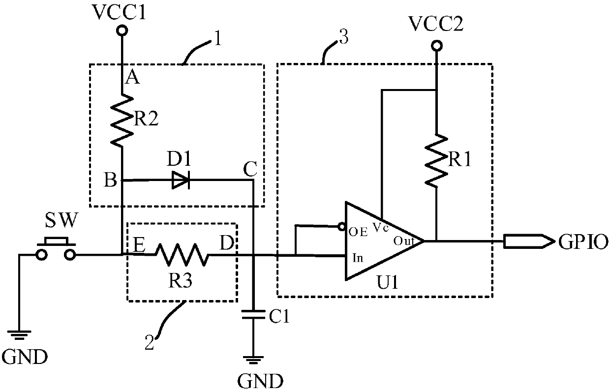 Key switch buffeting elimination circuit used for GPIO interface