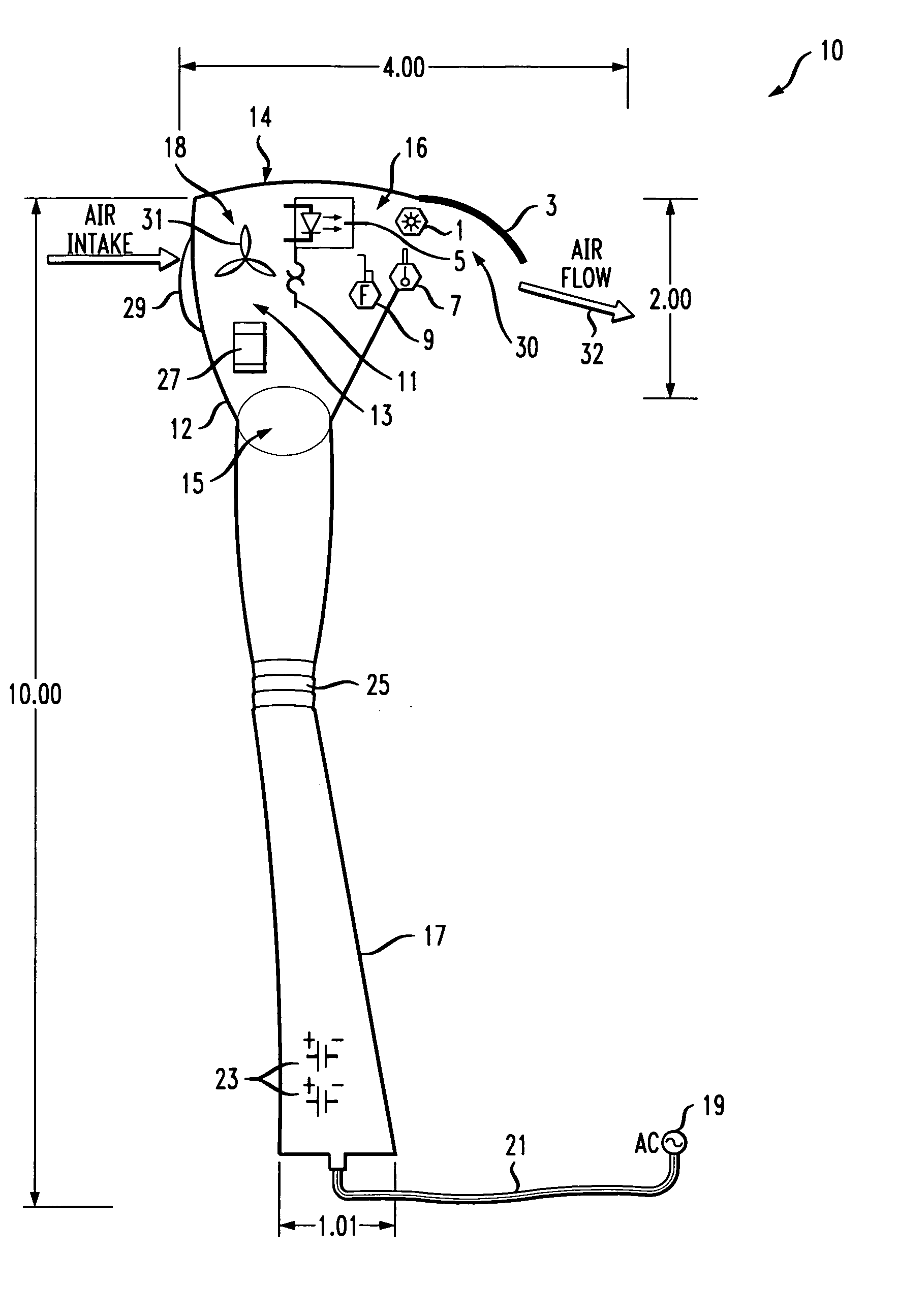 Therapeutic device for delivering controlled air stream flow and/or photodynamic light therapy