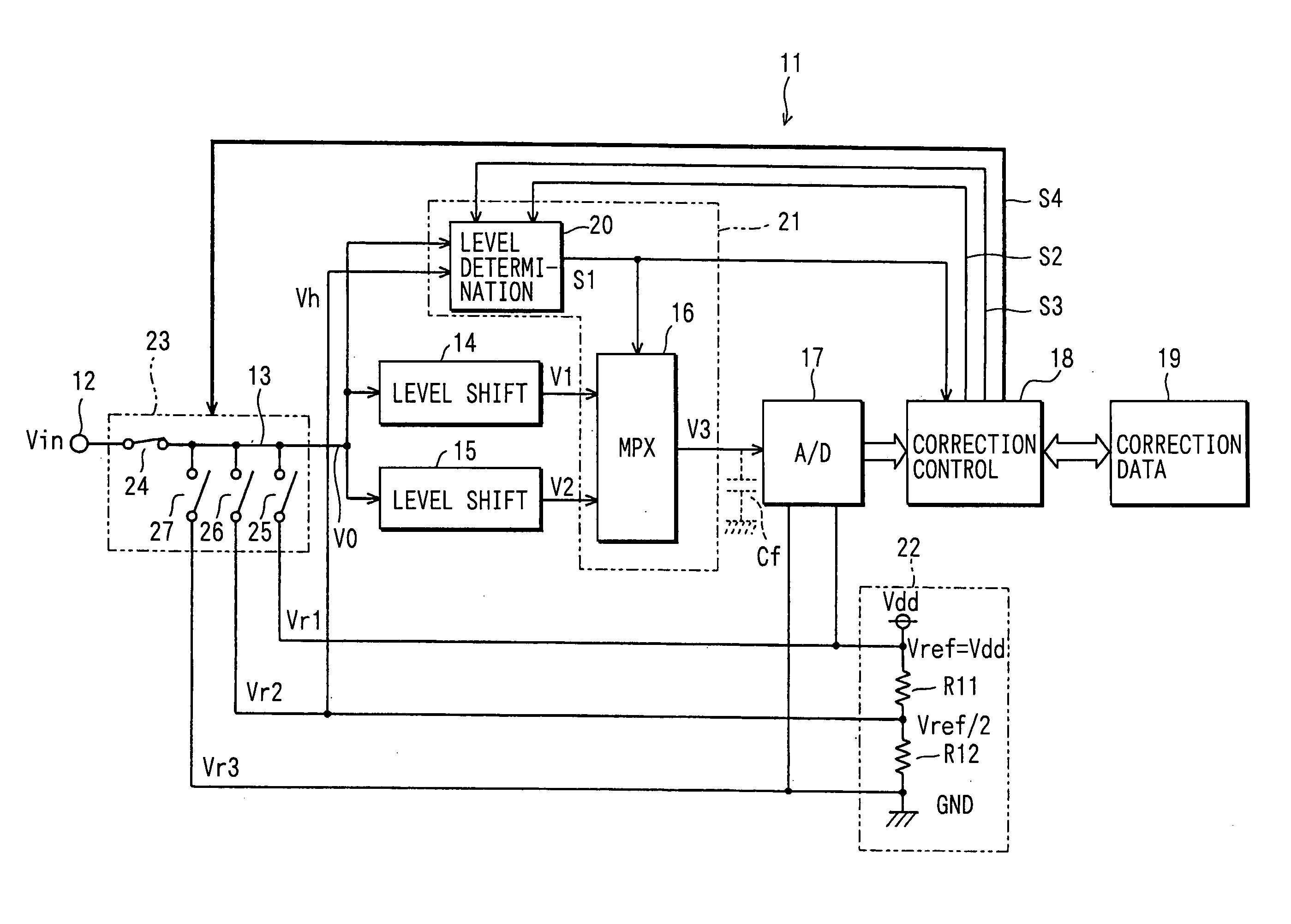 A/D conversion device having input level shift and output correction function