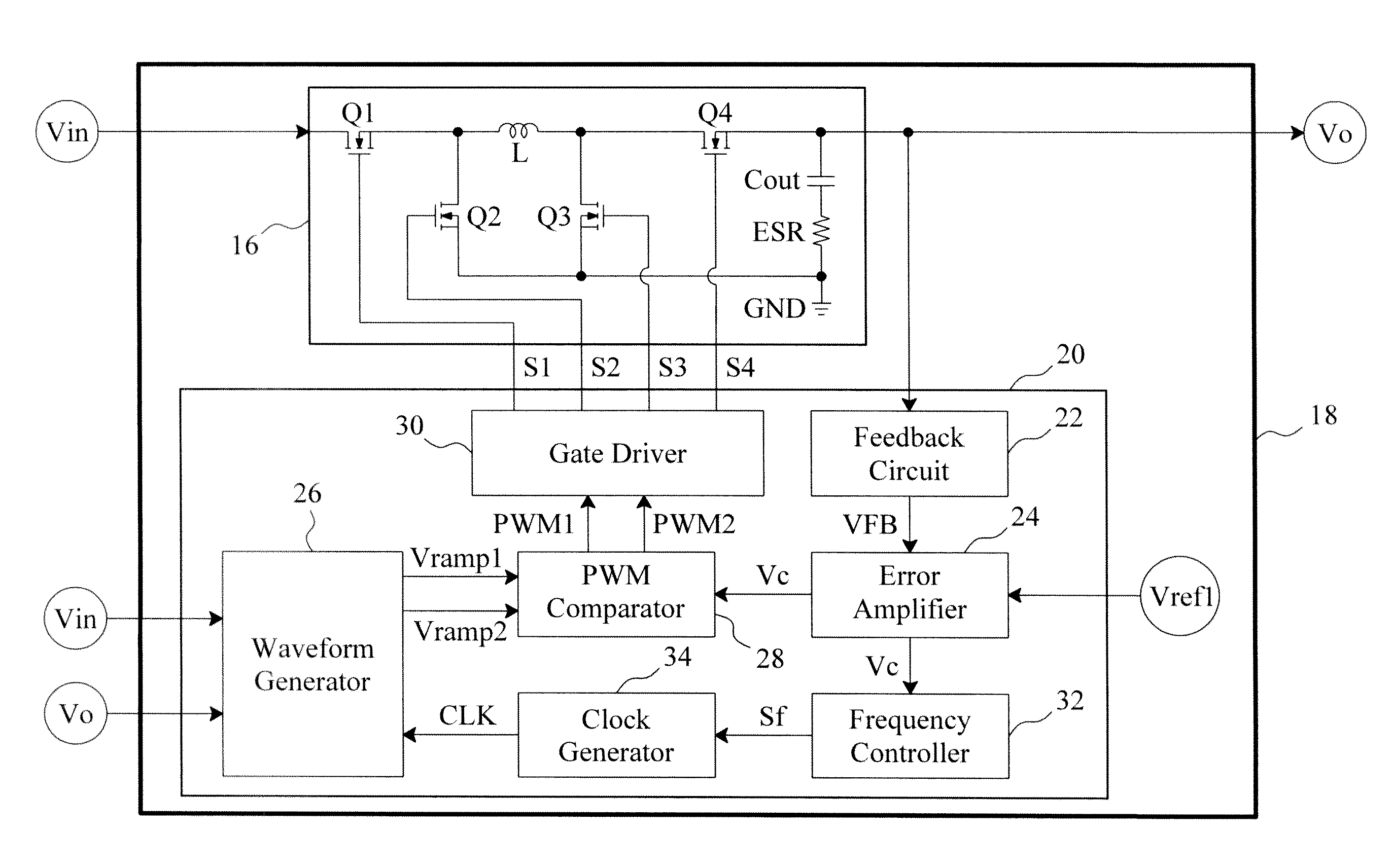 Frequency modulation control of a buck-boost power converter